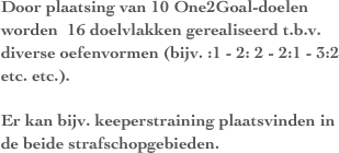 Door plaatsing van 10 One2Goal-doelen worden  16 doelvlakken gerealiseerd t.b.v. diverse oefenvormen (bijv. :1 - 2: 2 - 2:1 - 3:2 etc. etc.).

Er kan bijv. keeperstraining plaatsvinden in de beide strafschopgebieden.