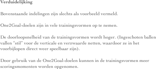 Verduidelijking

Bovenstaande indelingen zijn slechts als voorbeeld vermeld.

One2Goal-doelen zijn in vele trainingsvormen op te nemen.

De doorloopsnelheid van de trainingsvormen wordt hoger. (Ingeschoten ballen vallen “stil” voor de verticale en verzwaarde netten, waardoor ze in het voorbijlopen direct weer speelbaar zijn).

Door gebruik van de One2Goal-doelen kunnen in de trainingsvormen meer scoringsmomenten worden opgenomen.
